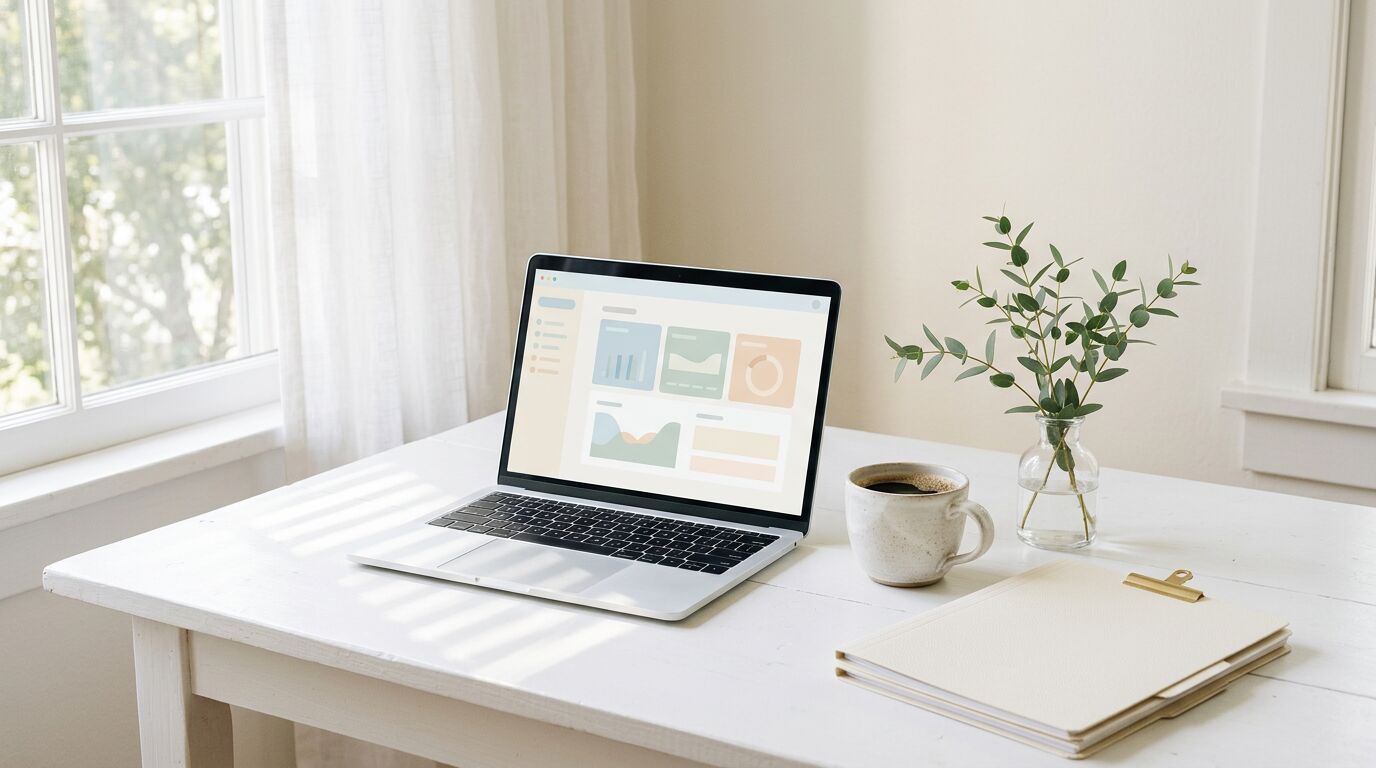 A bright white desk with a laptop showing an operations dashboard, coffee and eucalyptus