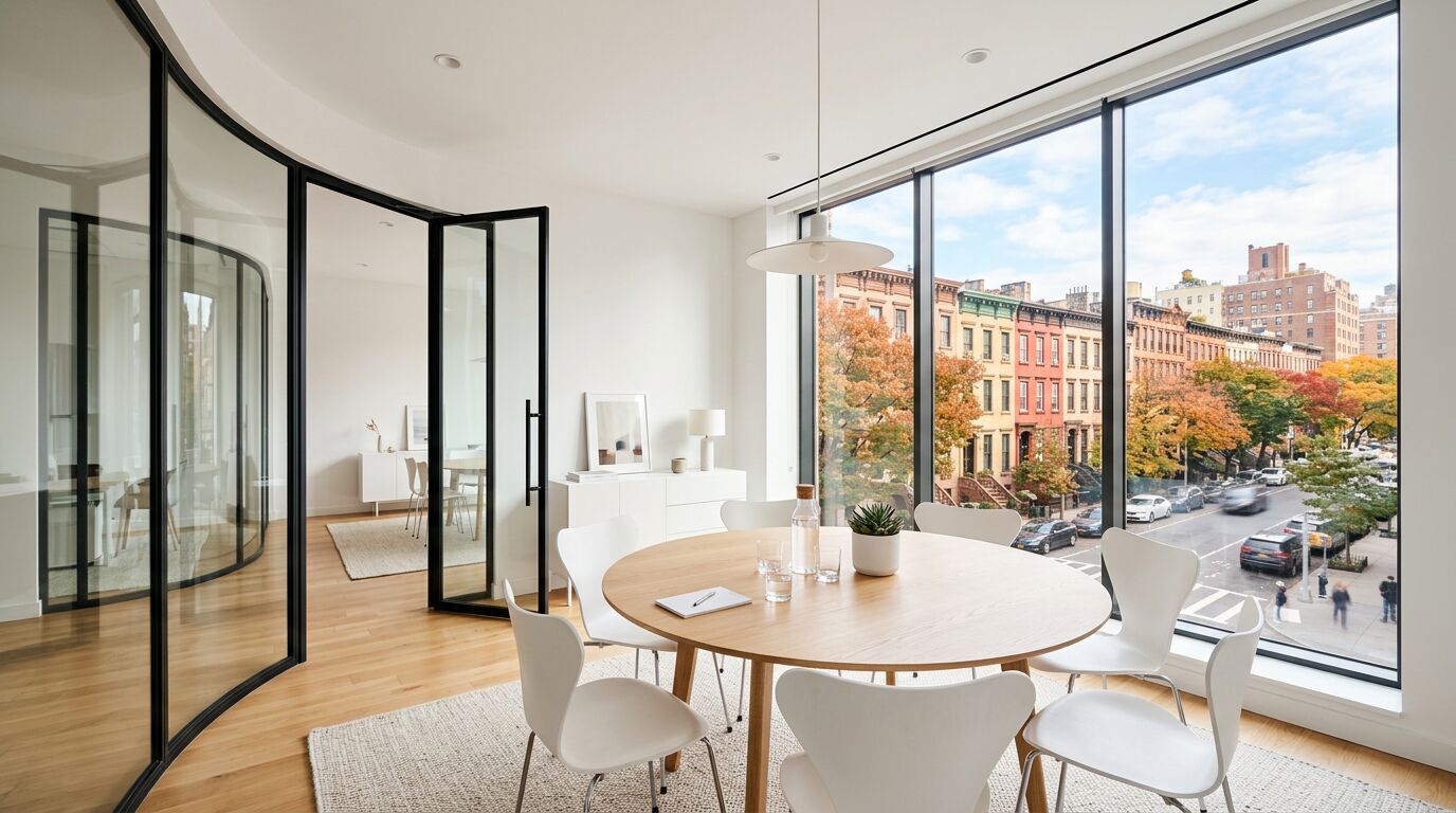 A white meeting room overlooking a brownstone street in autumn