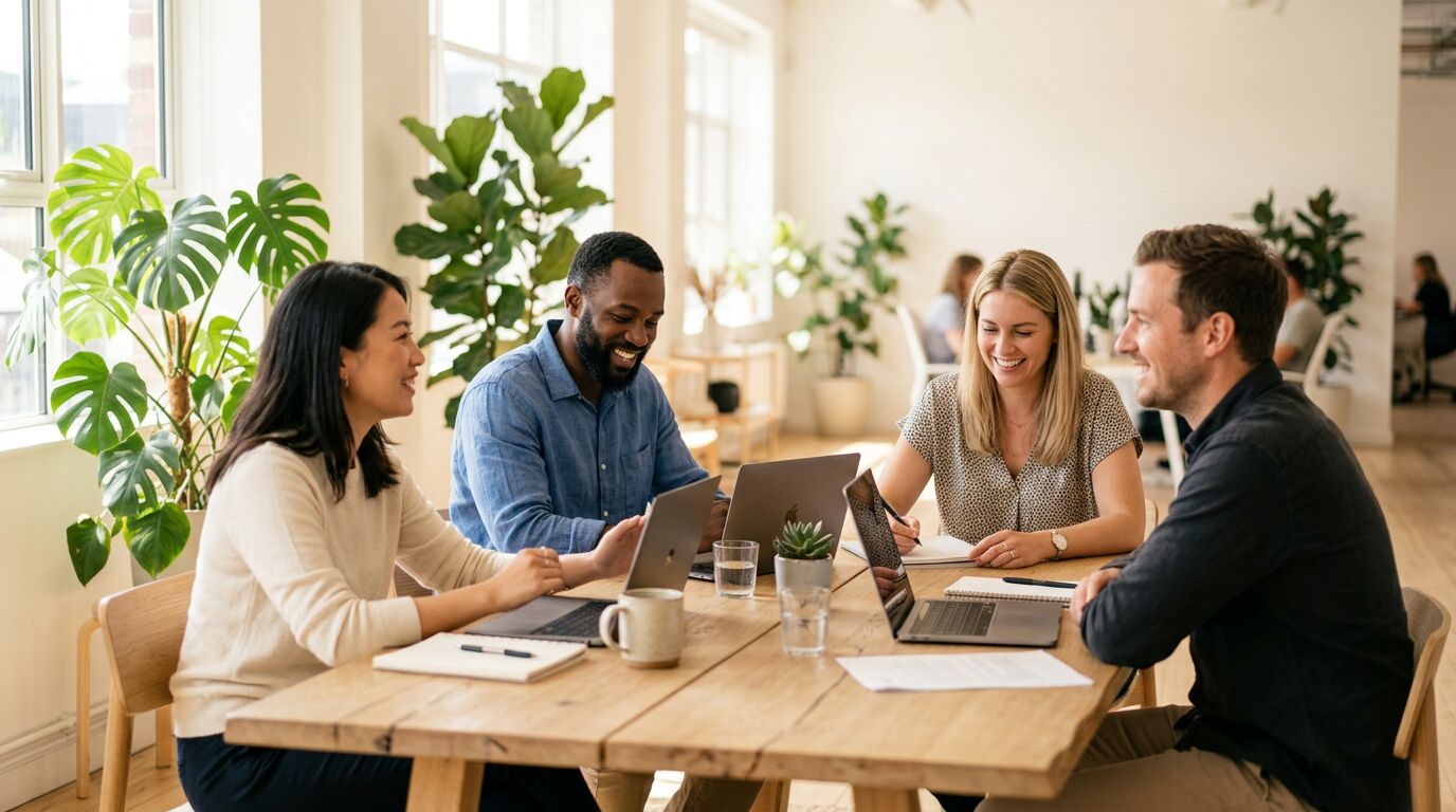 A small team collaborating in a sunlit office